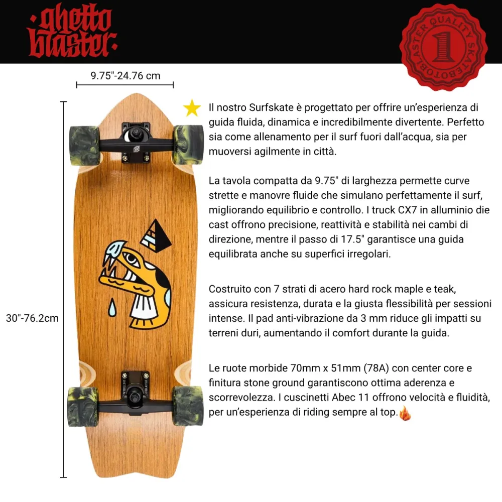 Skateboard Ghettoblaster Surfskate Teak Snake Head 30" 9.75"