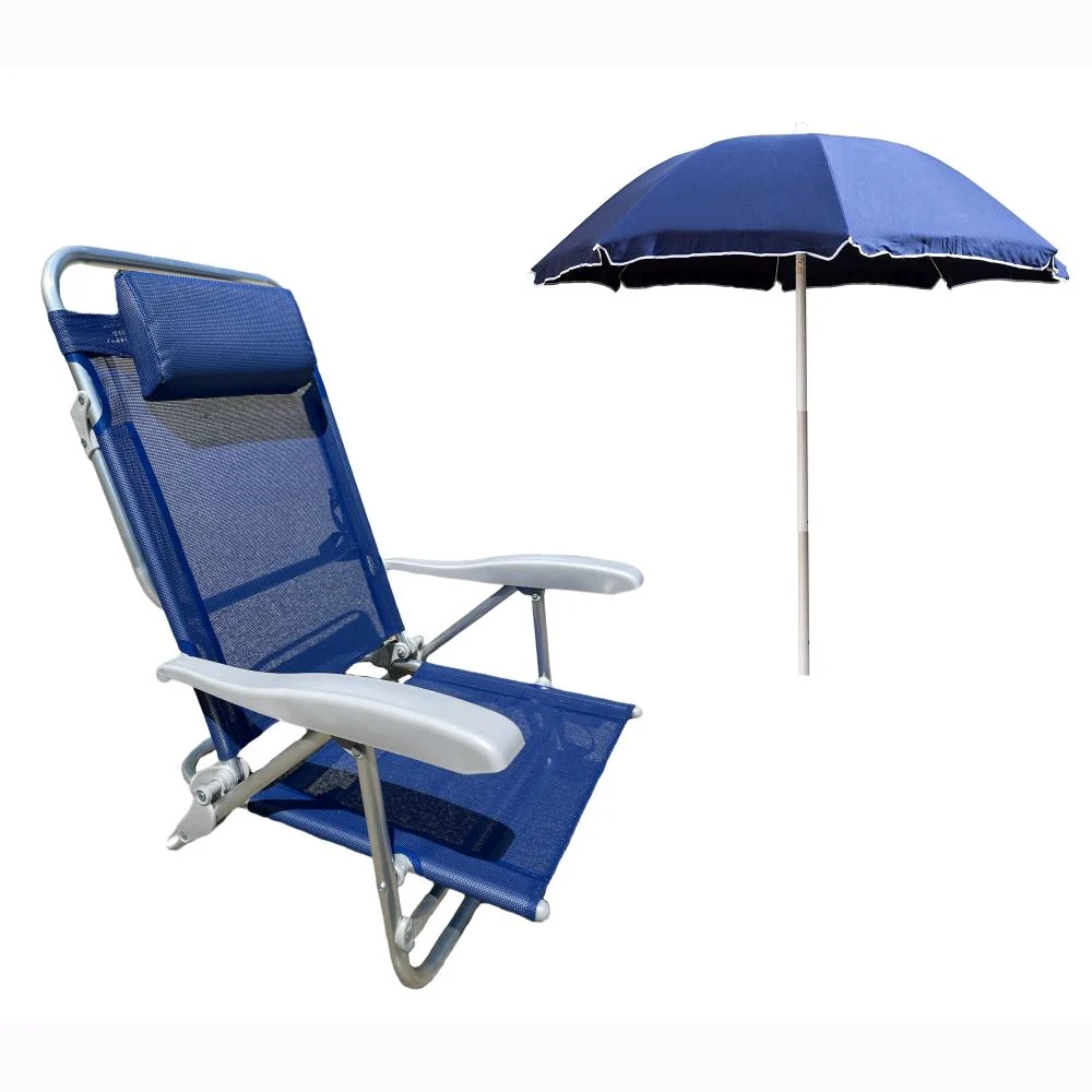 Spiaggina Sdraio Alluminio Reclinabili con Braccioli Blu + Ombrellone 180 cm