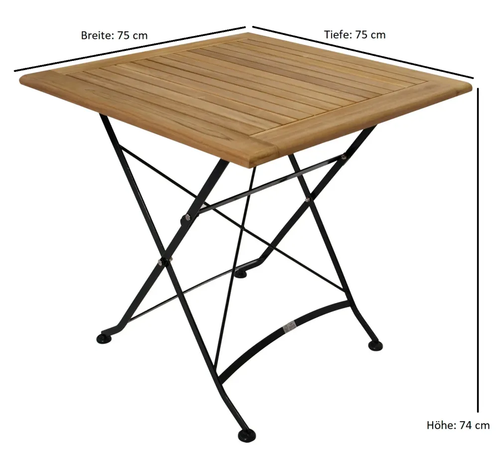 Tavolo pieghevole JAKARTA 75x75cm, acciaio piatto nero + teak, certificato FSC®