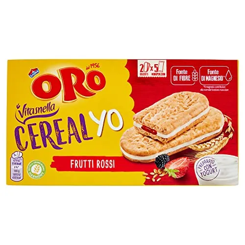 Vitasnella Cereal Yo Frutti Rossi - Snack con farcitura allo yogurt e frutti rossi tra due biscotti ai cereali integrali,...