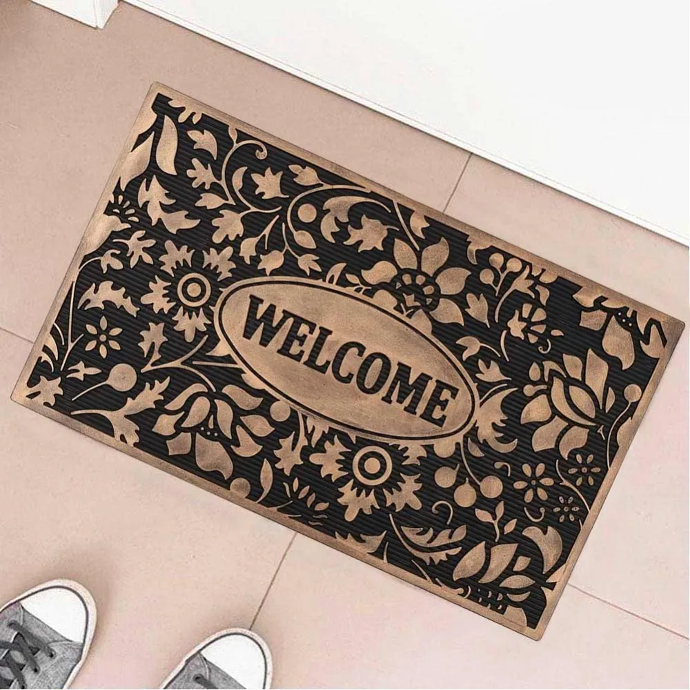 Zerbino Tappeto Ingresso Porta Antiscivolo Fantasia Fiori con Scritta Gomma