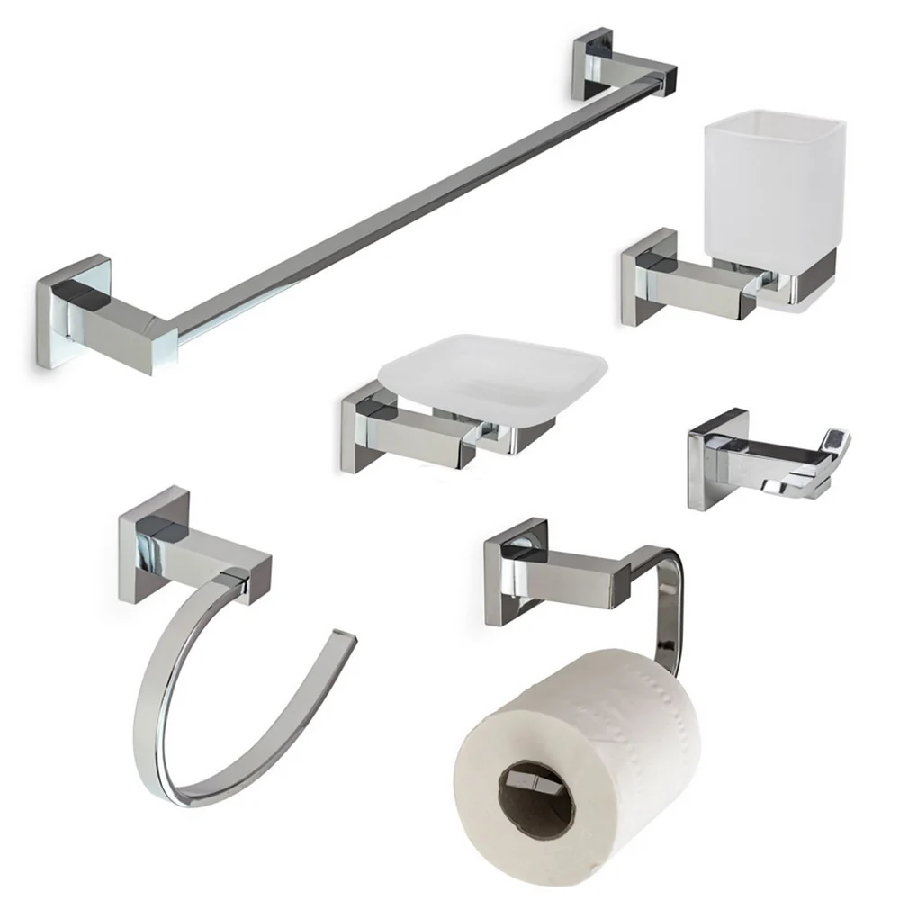 Set bagno moderno quadrato acciaio cromato e vetro satinato 6 pezzi
