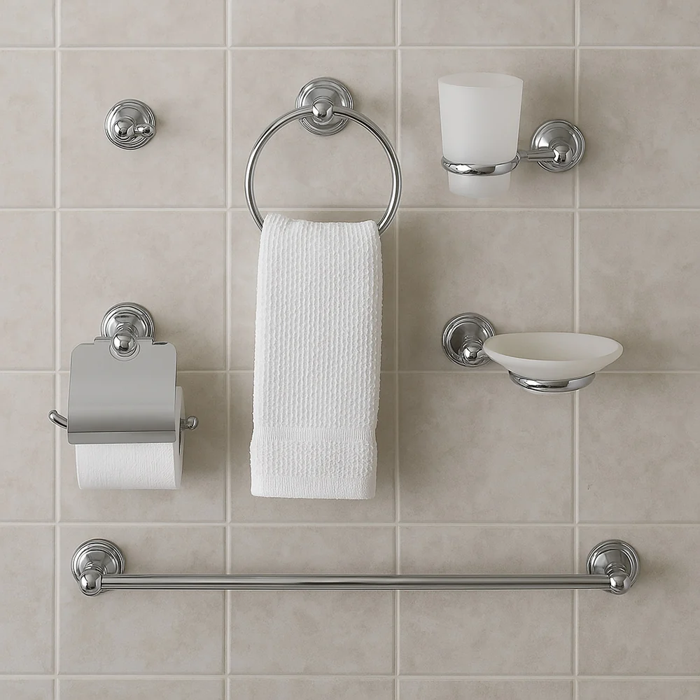 Set completo di 6 accessori acciaio cromato e vetro satinato