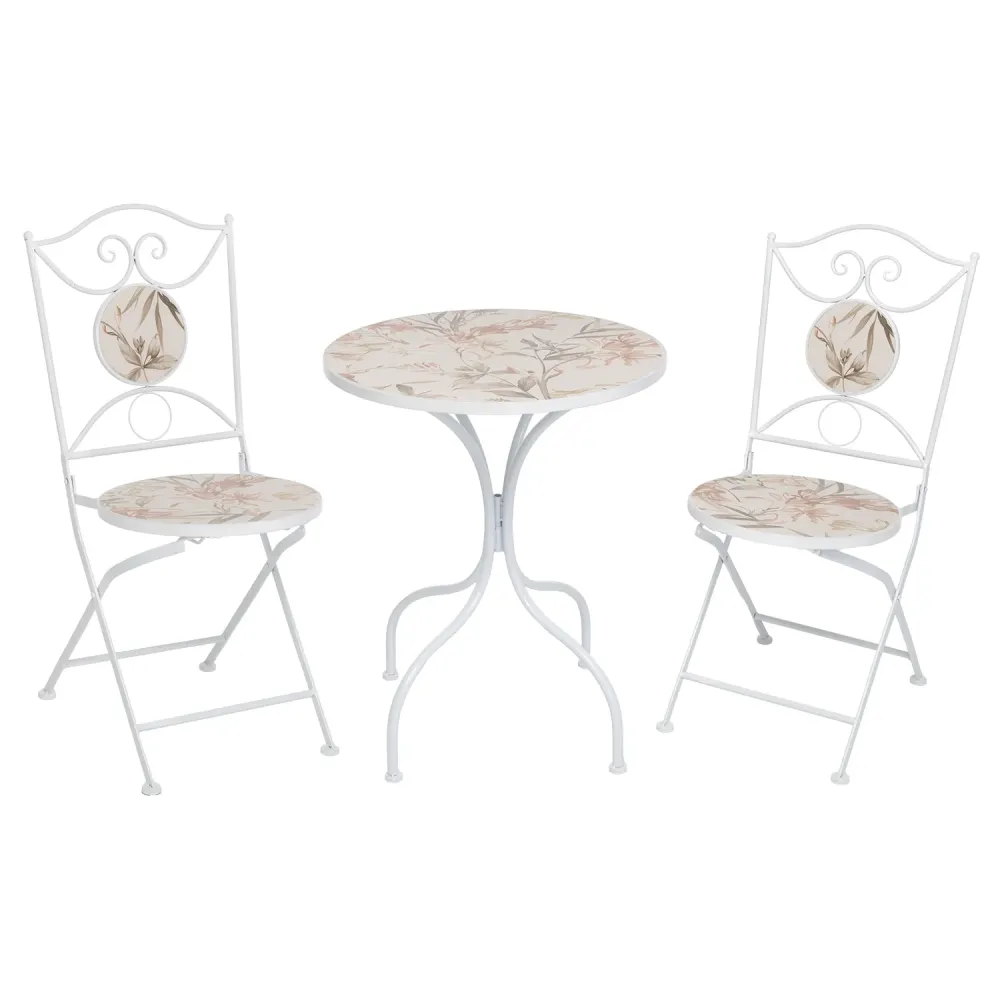 VESTIAMO CASA GIARDINO - Set giardino Bistrot tavolo rotondo 60 cm e 2 sedie metallo Bianco e Top ceramica decorata con mo...