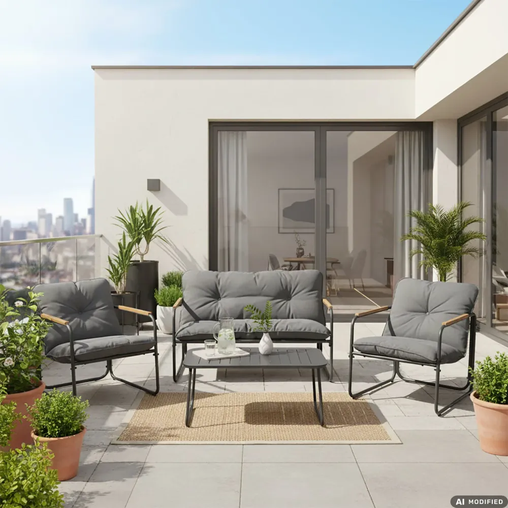 VESTIAMO CASA GIARDINO - Set da giardino 4 pezzi Struttura Acciaio Antracite, braccioli Polywood e Top vetro e Cuscini Ant...