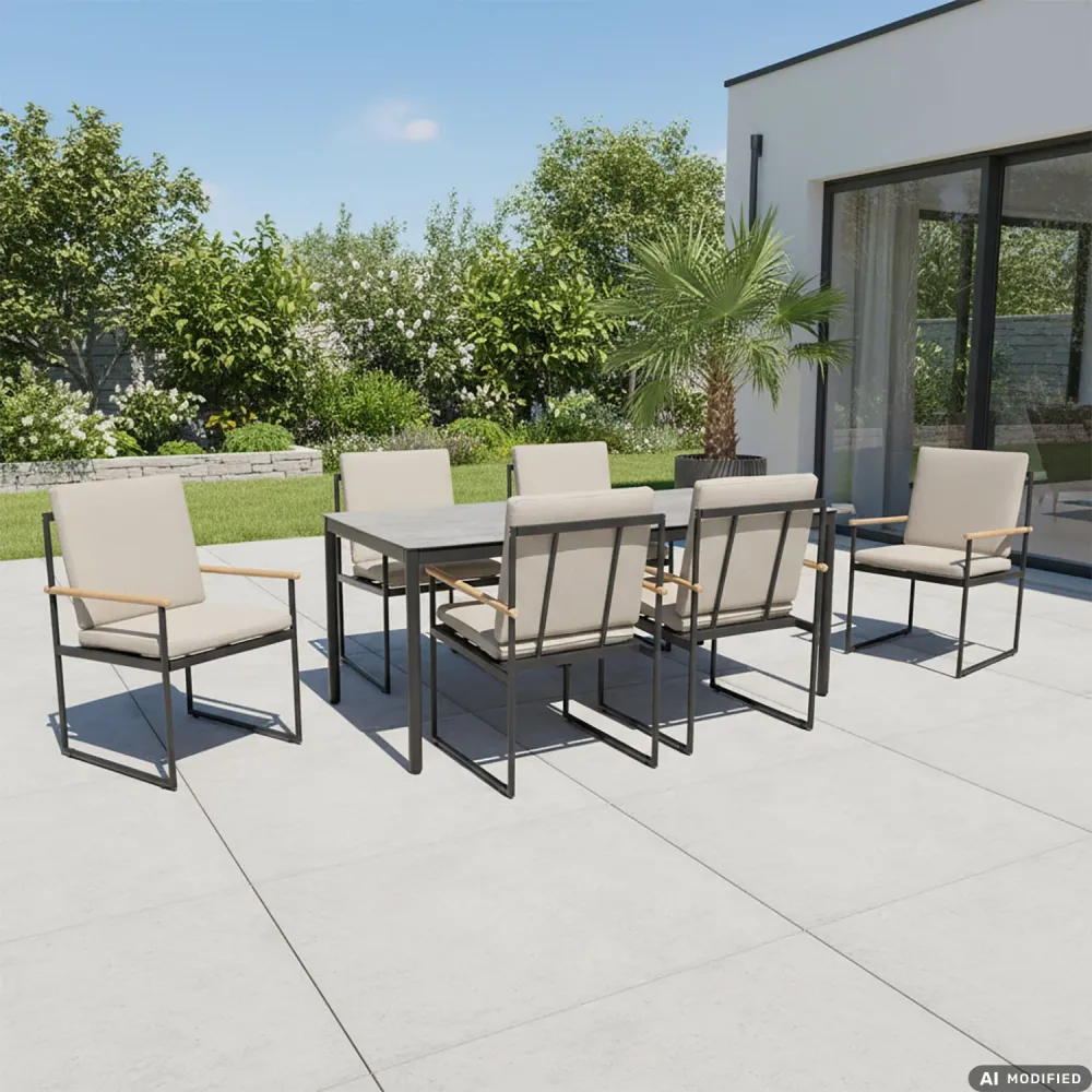 VESTIAMO CASA GIARDINO - Set da giardino 7 pezzi Tavolo con 6 Sedie Struttura acciaio e alluminio, braccioli Effetto Legno...