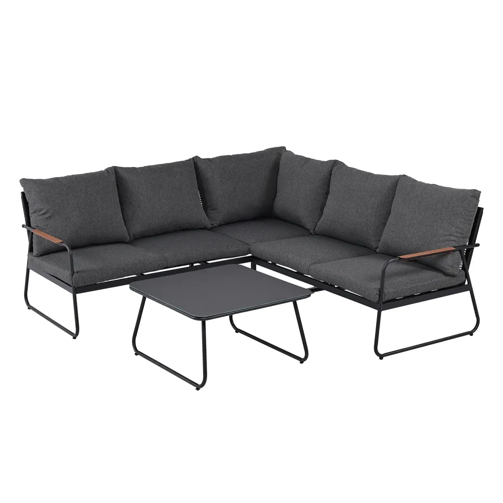 VESTIAMO CASA GIARDINO - Set Salotto da giardino Angolare 5 Posti Struttura Acciaio Antracite, braccioli Effetto Legno e T...