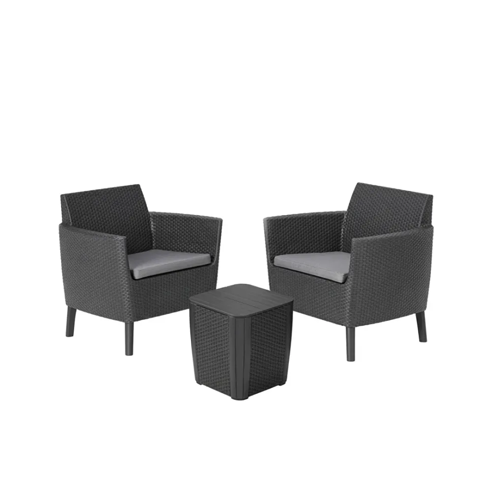 Set balcone Keter Salemo 3 pezzi rattan graphite 2 poltrone tavolino contenitore