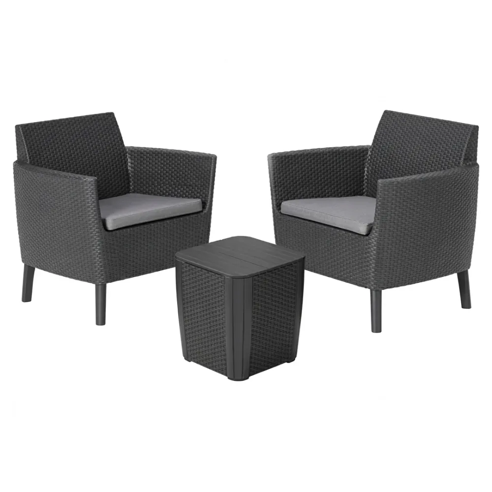 Set balcone Keter Salemo 3 pezzi rattan graphite 2 poltrone tavolino contenitore
