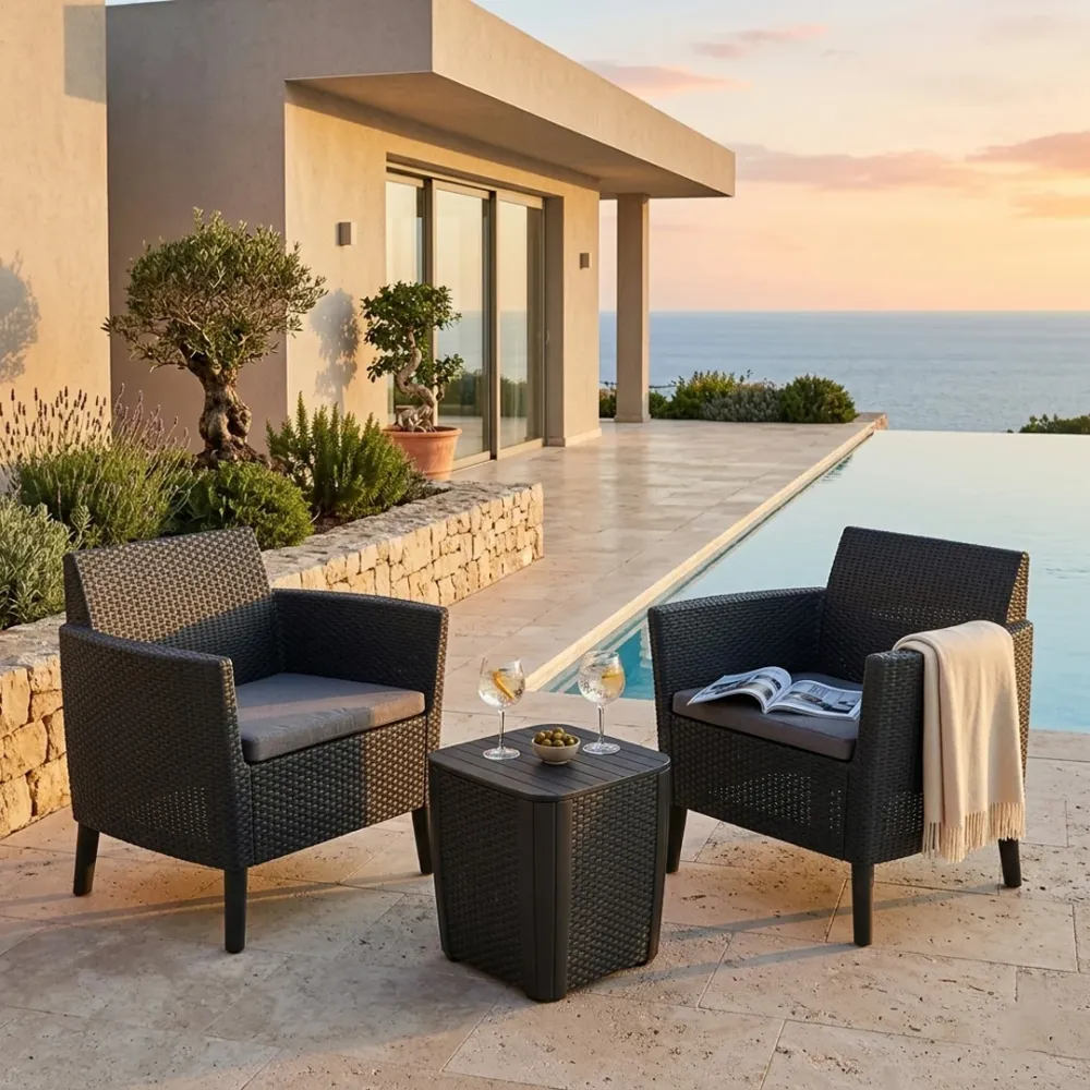 Set balcone Keter Salemo 3 pezzi rattan graphite 2 poltrone tavolino contenitore