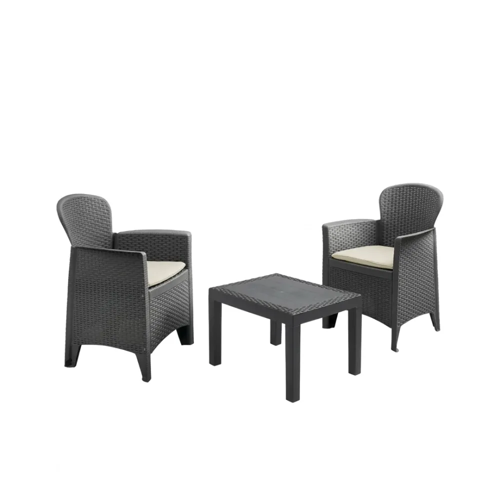 Set balcone Progarden Akita 3 pz rattan antracite 2 poltrone alte tavolino