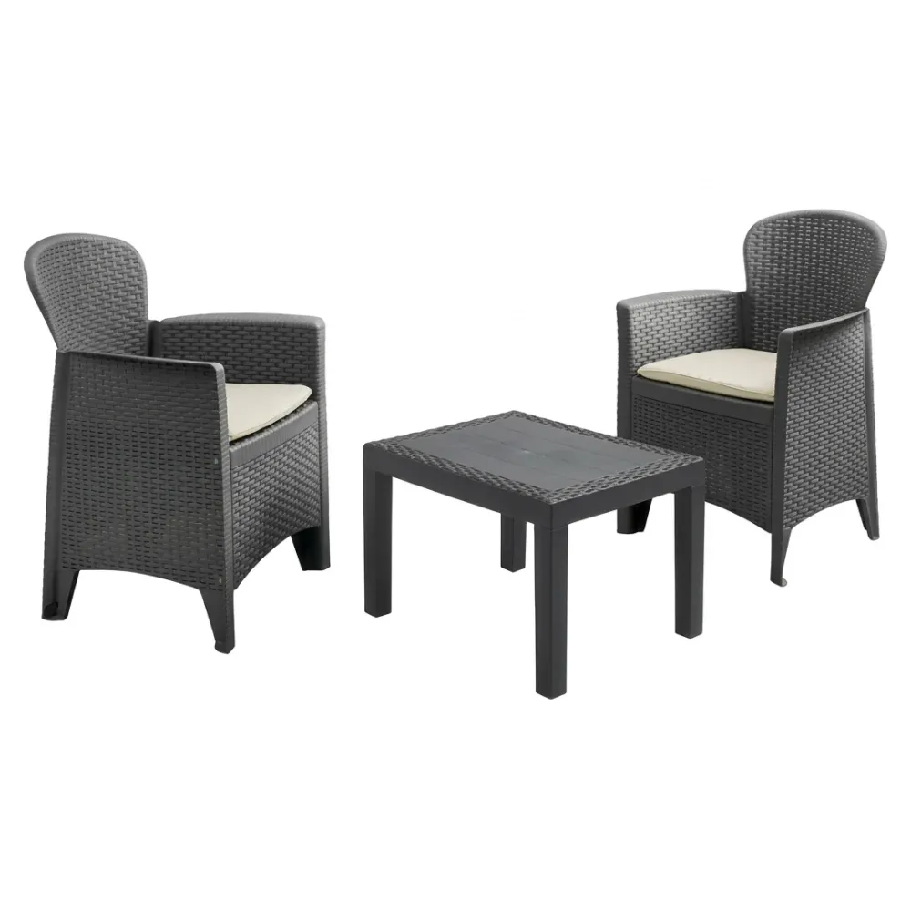 Set balcone Progarden Akita 3 pz rattan antracite 2 poltrone alte tavolino