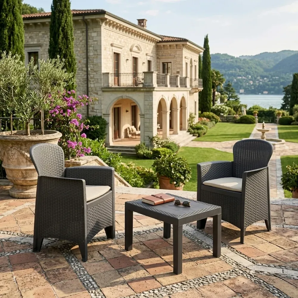 Set balcone Progarden Akita 3 pz rattan antracite 2 poltrone alte tavolino