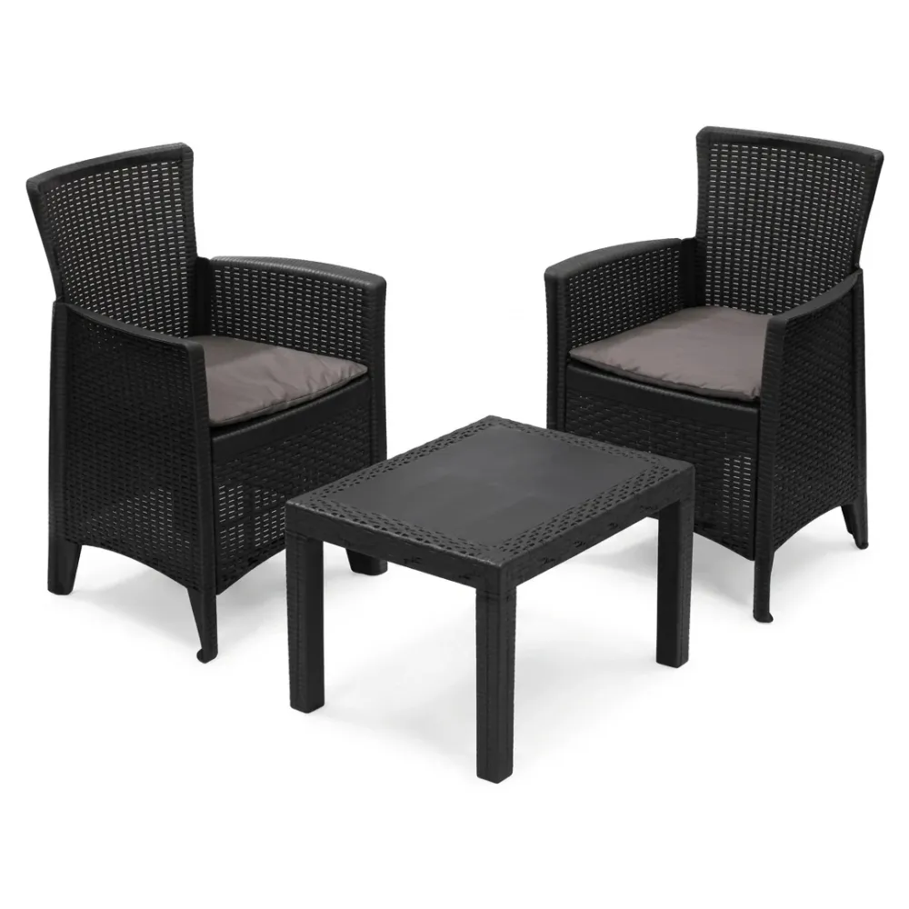 Set balcone Progarden Forest 3 pezzi rattan antracite 2 poltrone alte tavolino
