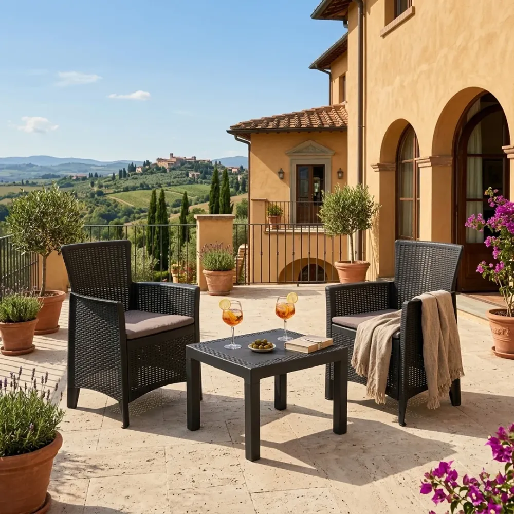 Set balcone Progarden Forest 3 pezzi rattan antracite 2 poltrone alte tavolino