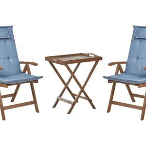 Acacia Wood Bistro Set Dark Blue Cushions AMANTEA con Cuscini Inclusi