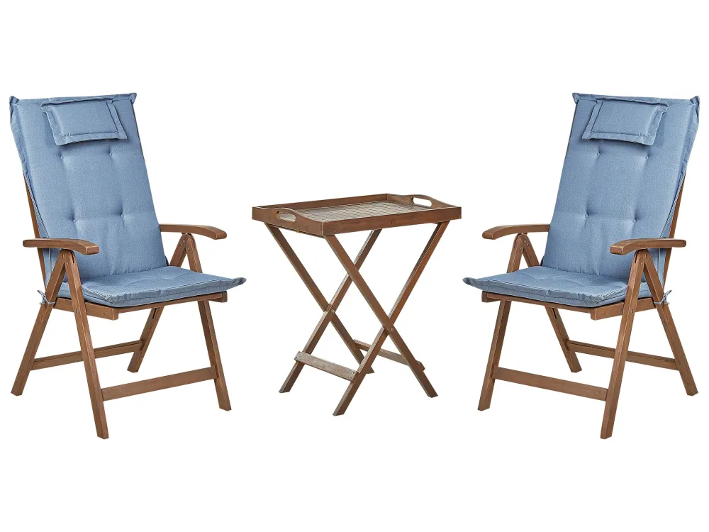 Acacia Wood Bistro Set Dark Blue Cushions AMANTEA con Cuscini Inclusi
