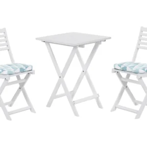 Acacia Wood Garden Bistro Set Blue Triangles Cushions White FIJI Quick Assembly