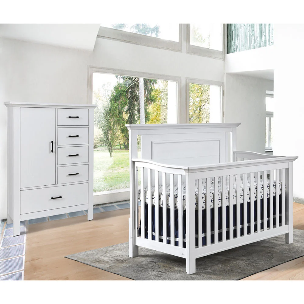 Fawn Baby Yosemite 2 Piece Nursery Set - Flat Top Crib and Chifferobe Antico White con 4 Sedie e Tavolo