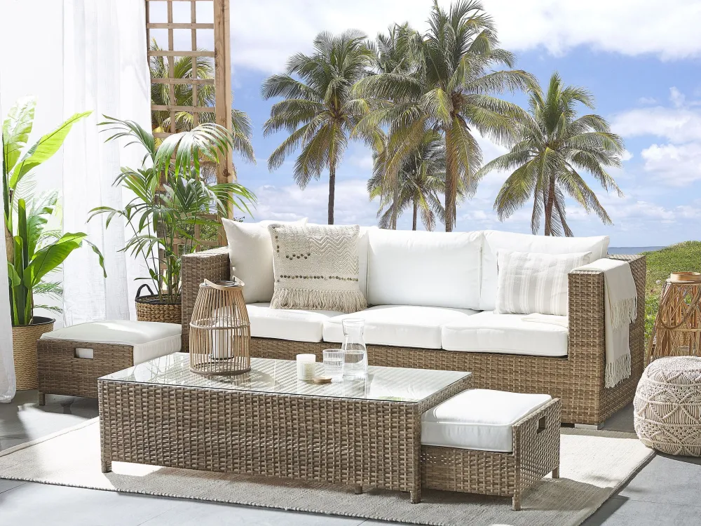 Lounge Set BELLUNO PE Rattan White 5 Seater con Cuscini Inclusi