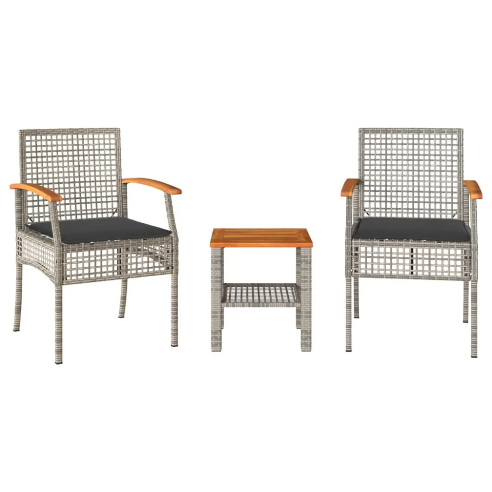 Mobili da Esterno Alluminio Set da Bistrò 3 pz con Cuscini Grigio Polyrattan e Legno Acacia