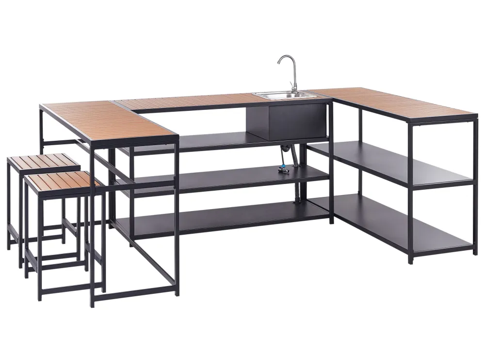 Outdoor Kitchen Set Bar Table and Sink Nero notte and Light Wood AVETRANA