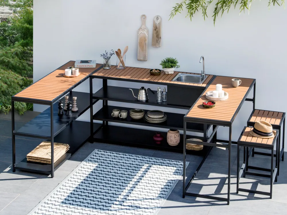 Outdoor Kitchen Set Bar Table and Sink Nero notte and Light Wood AVETRANA