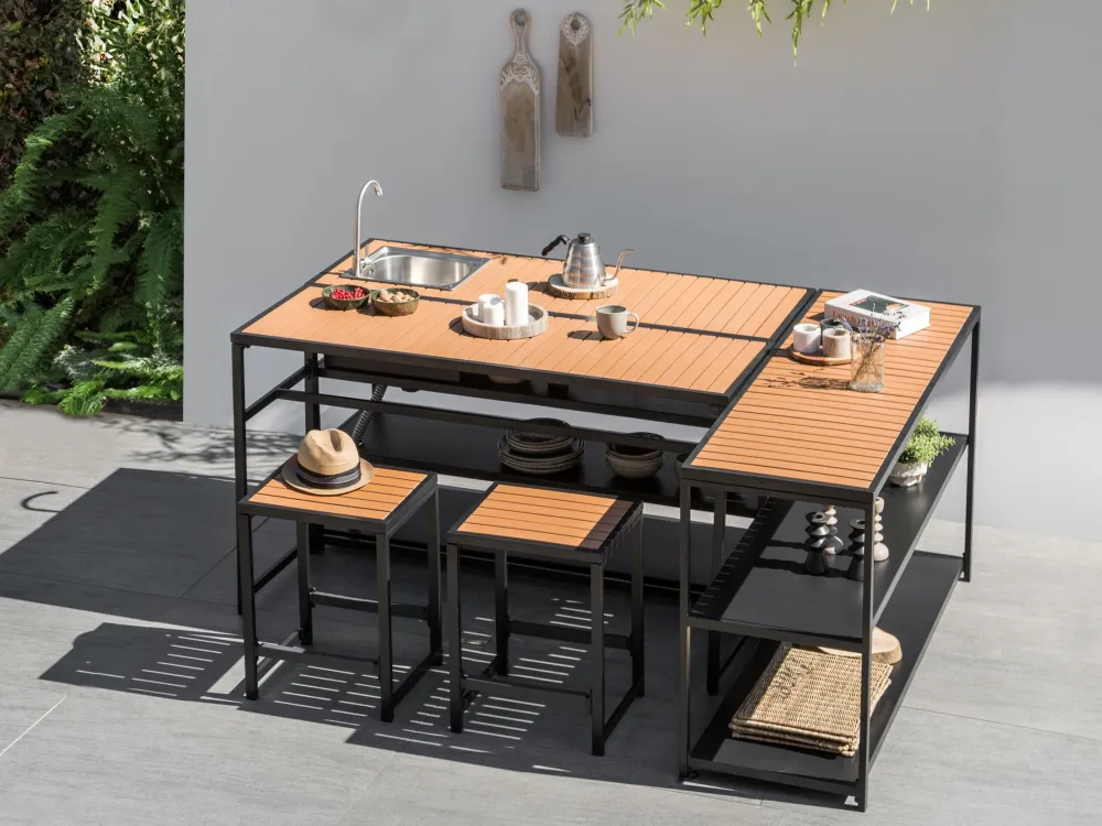 Outdoor Kitchen Set Bar Table and Sink Nero notte and Light Wood AVETRANA