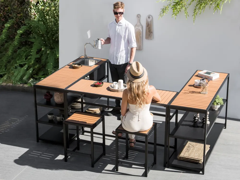 Outdoor Kitchen Set Bar Table and Sink Nero notte and Light Wood AVETRANA