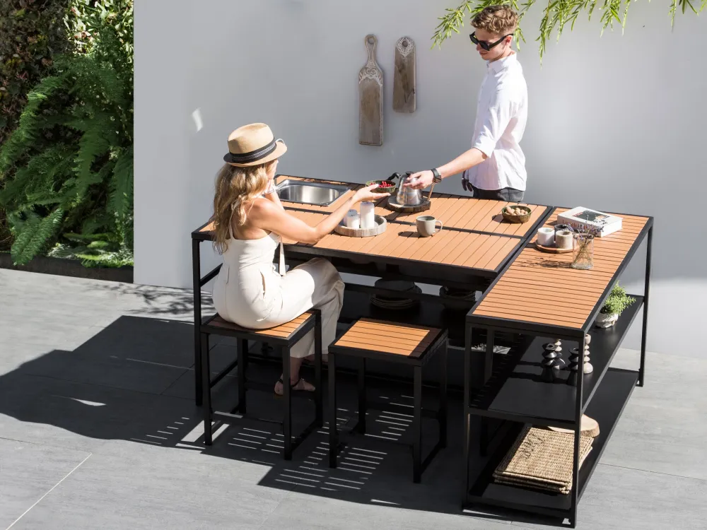 Outdoor Kitchen Set Bar Table and Sink Nero notte and Light Wood AVETRANA
