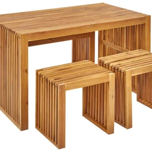 4 Seater Acacia Wood Garden Dining Set Table Bench and Stools BELLANO con Cuscini Inclusi