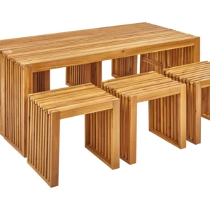 6 Seater Acacia Wood Garden Dining Set Table and Stools BELLANO Alluminio e Tessuto