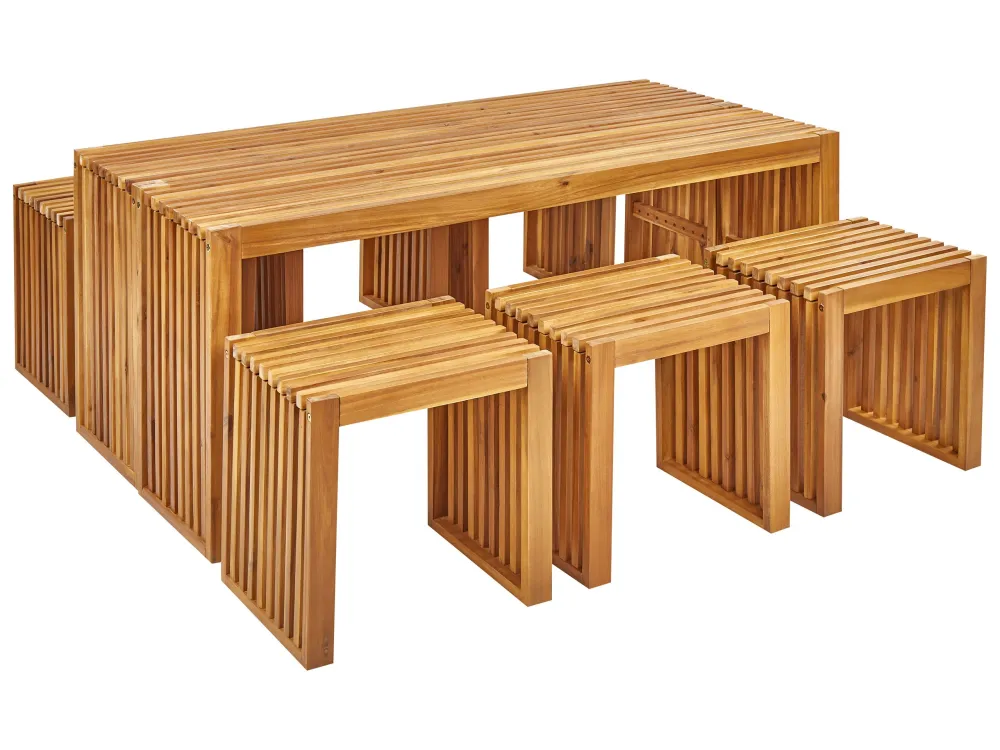 6 Seater Acacia Wood Garden Dining Set Table and Stools BELLANO Alluminio e Tessuto