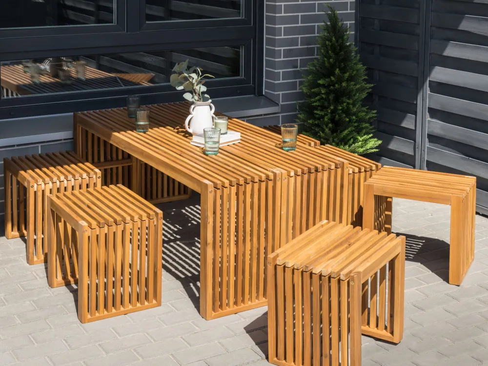 6 Seater Acacia Wood Garden Dining Set Table and Stools BELLANO Alluminio e Tessuto