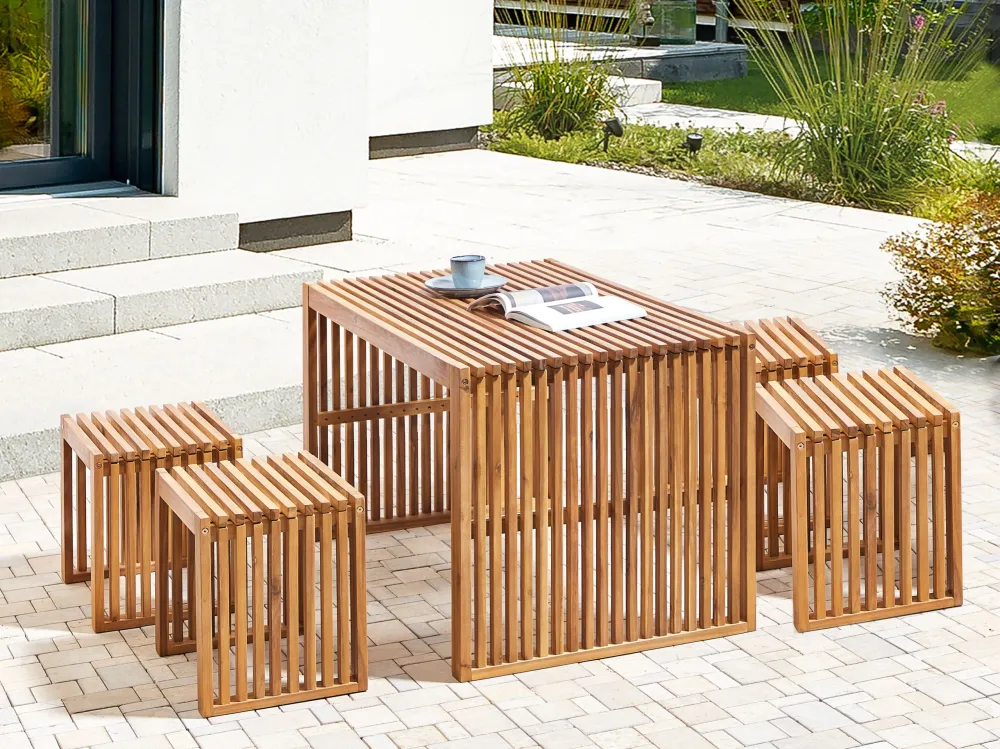 Set Angolare 4 Seater Acacia Wood Garden Dining Set Table and Stools BELLANO