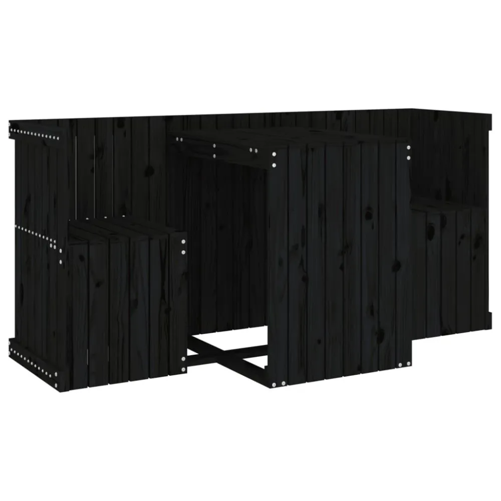 Set da Balcone 2 Posti Nero Legno Massello di Pino con Tavolo Allungabile