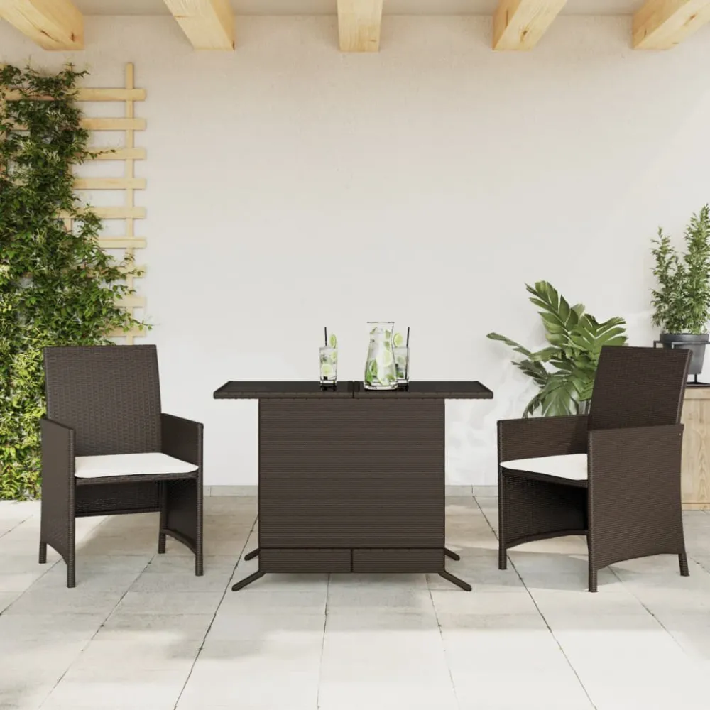Set Bistrò 3 pz con Cuscini Marrone Polyrattan Stile Moderno