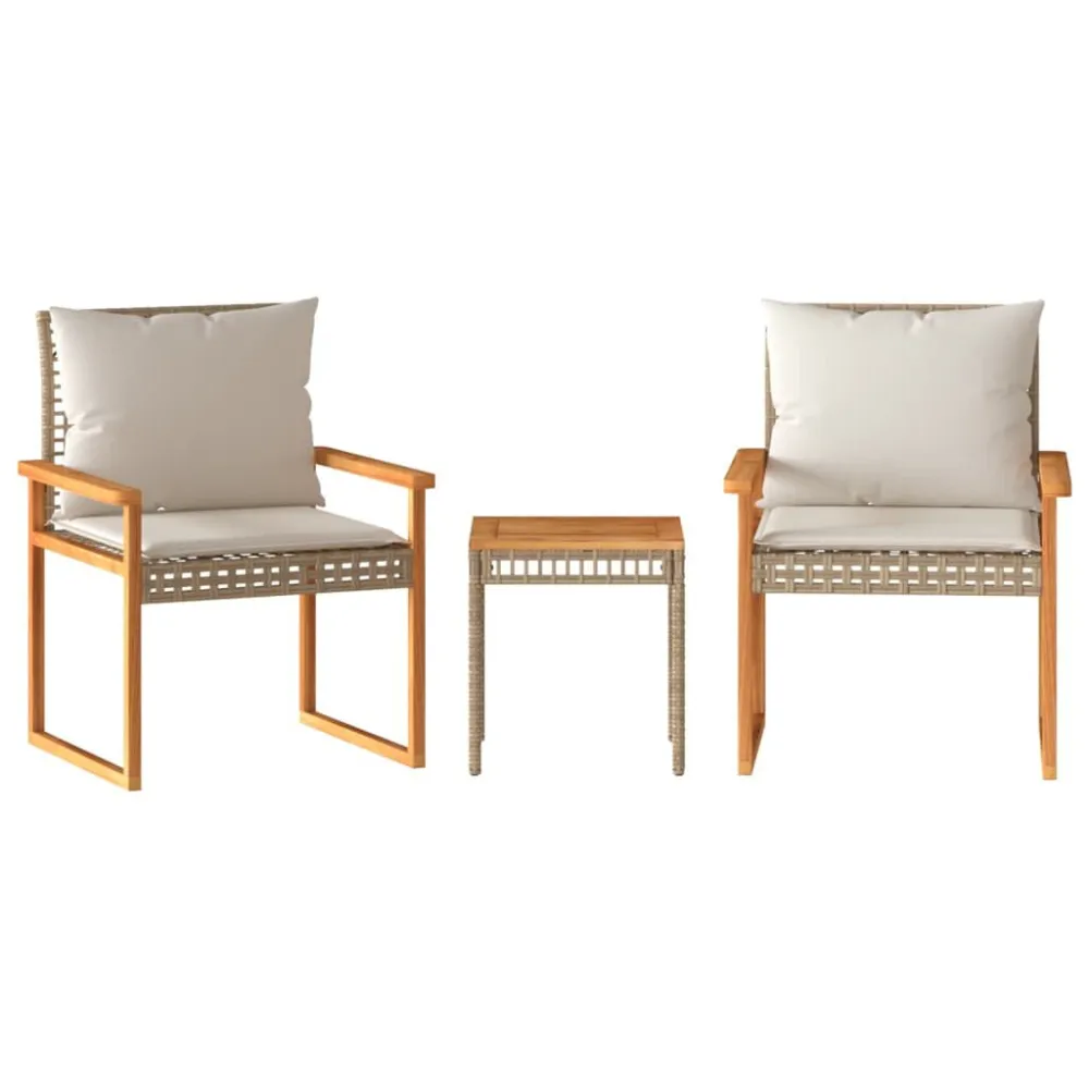 Set da Bistrò 3 pz con Cuscini Panna Misto Polyrattan e Acacia