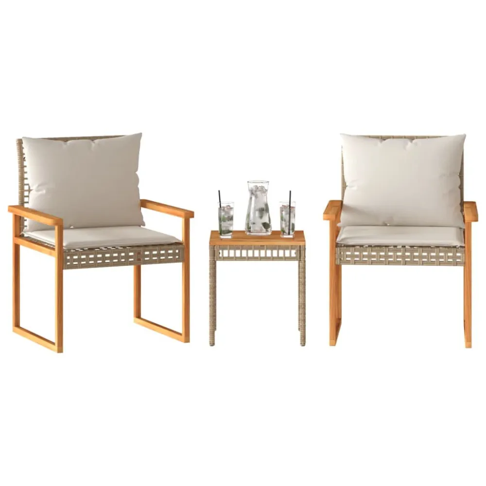 Set da Bistrò 3 pz con Cuscini Panna Misto Polyrattan e Acacia