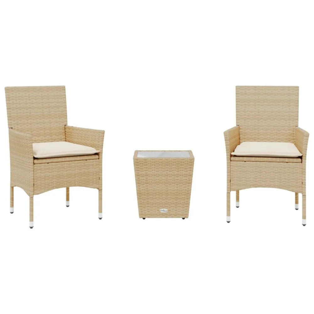 Set da Bistrò 3 pz con Cuscini Panna Polyrattan e Vetro Quick Assembly