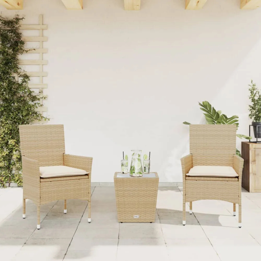 Set da Bistrò 3 pz con Cuscini Panna Polyrattan e Vetro Quick Assembly