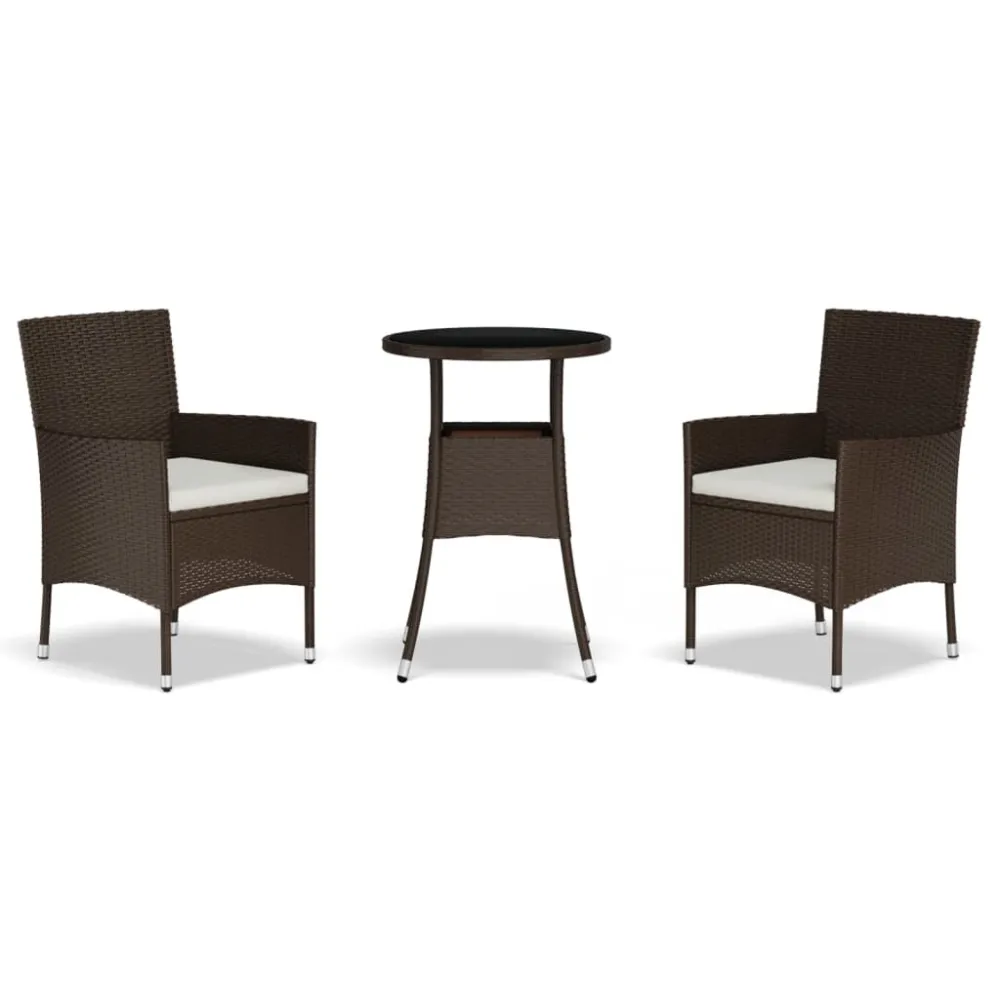 Set Bistrò da Giardino 3 pz con Cuscini Polyrattan Marrone con 4 Sedie e Tavolo