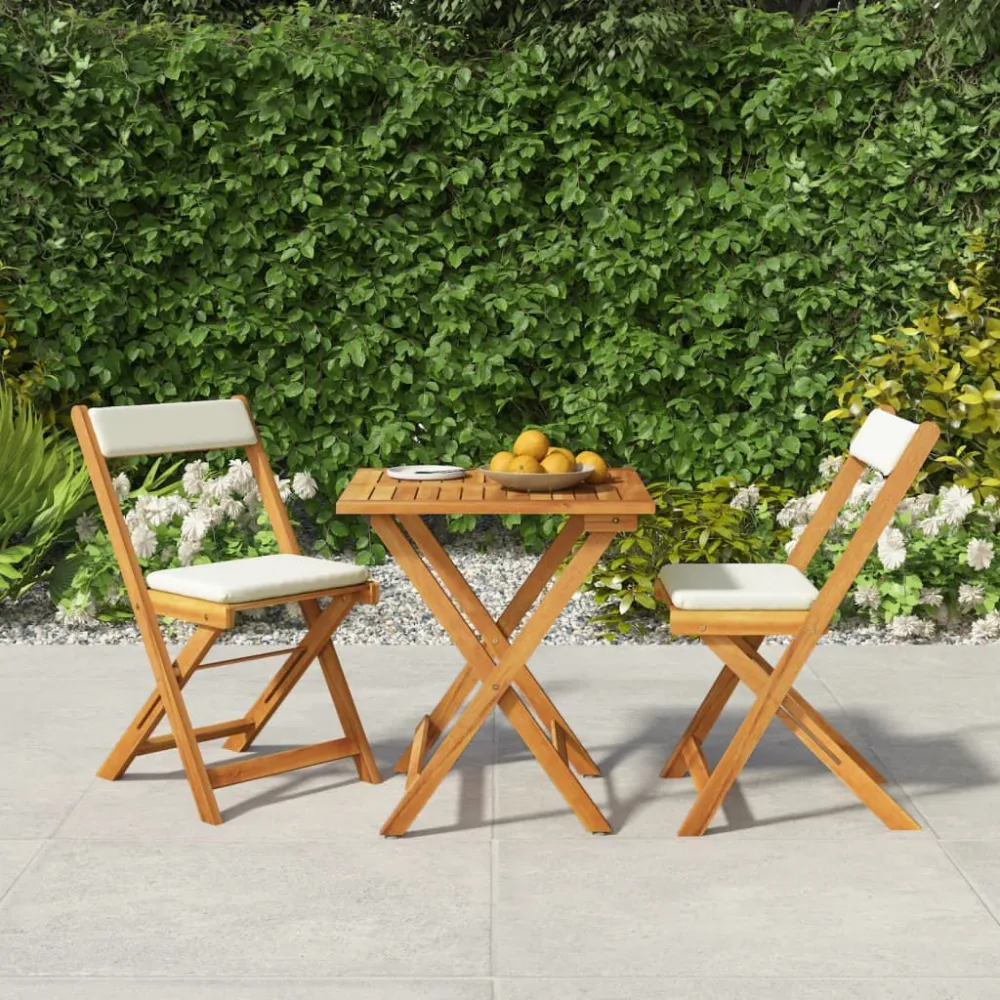 Set da Bistrò Pieghevole 3pz con Cuscini Legno Massello Acacia - Con Cuscini Inclusi