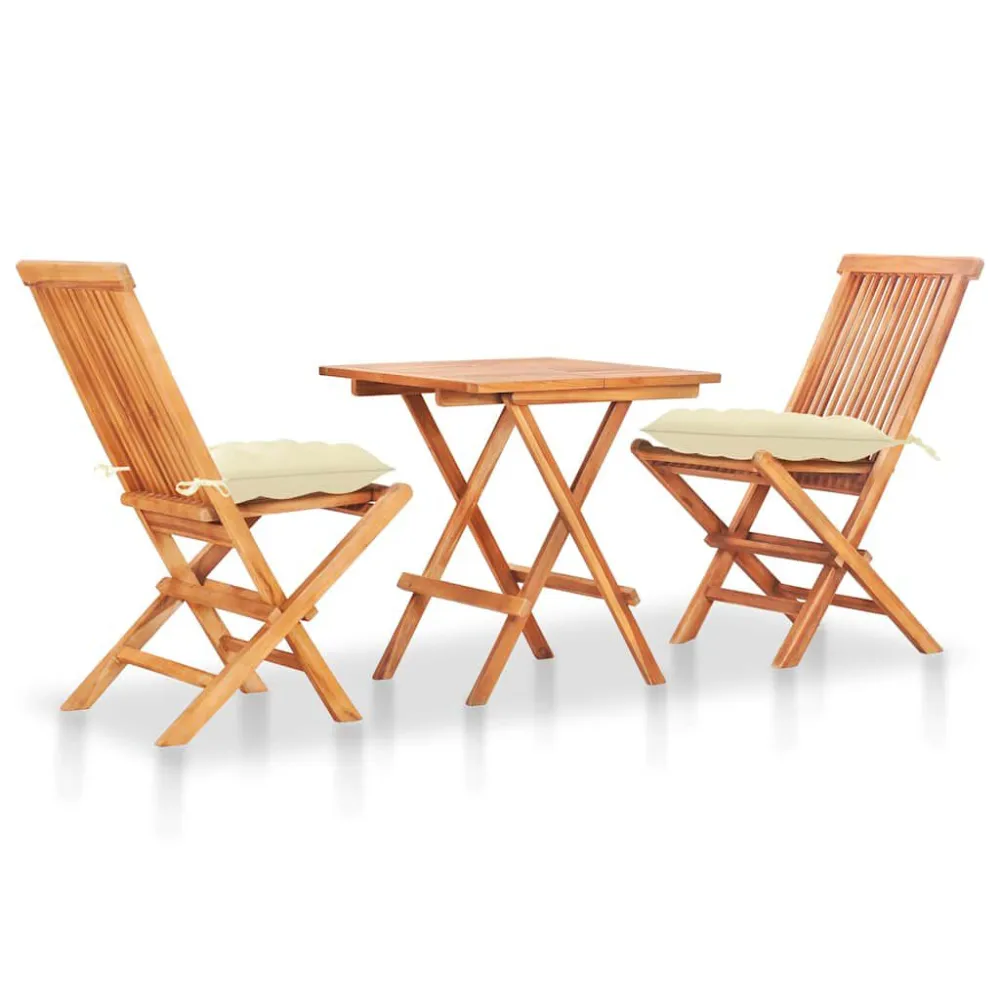 Set da Bistrot 3 pz con Cuscini Crema Legno Massello di Teak Stile Moderno