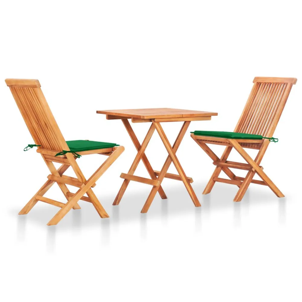 Set da Bistrot 3 pz con Cuscini Verdi Legno Massello di Teak per Soggiorno Esterno