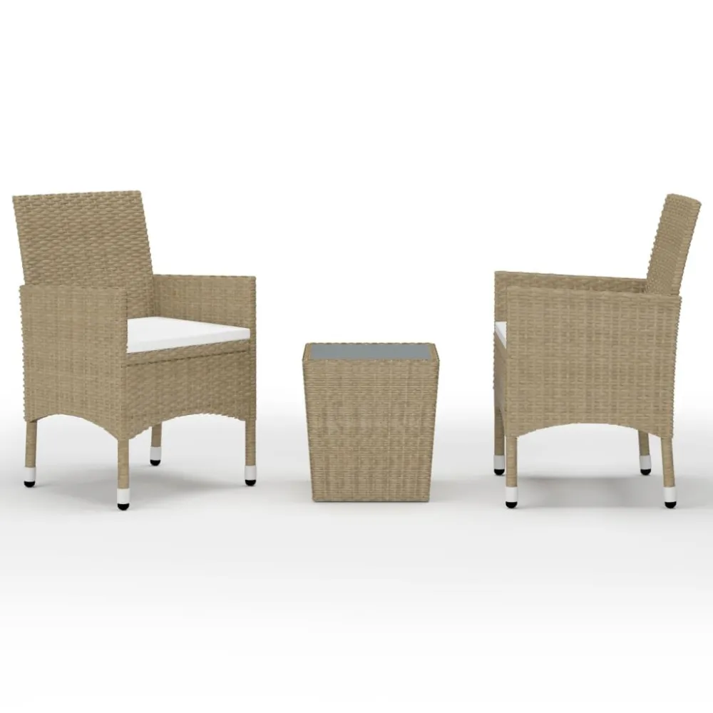 Set Bistrot da Giardino 3 pz Polyrattan e Vetro Temperato Nocciola con Ombrellone e Base