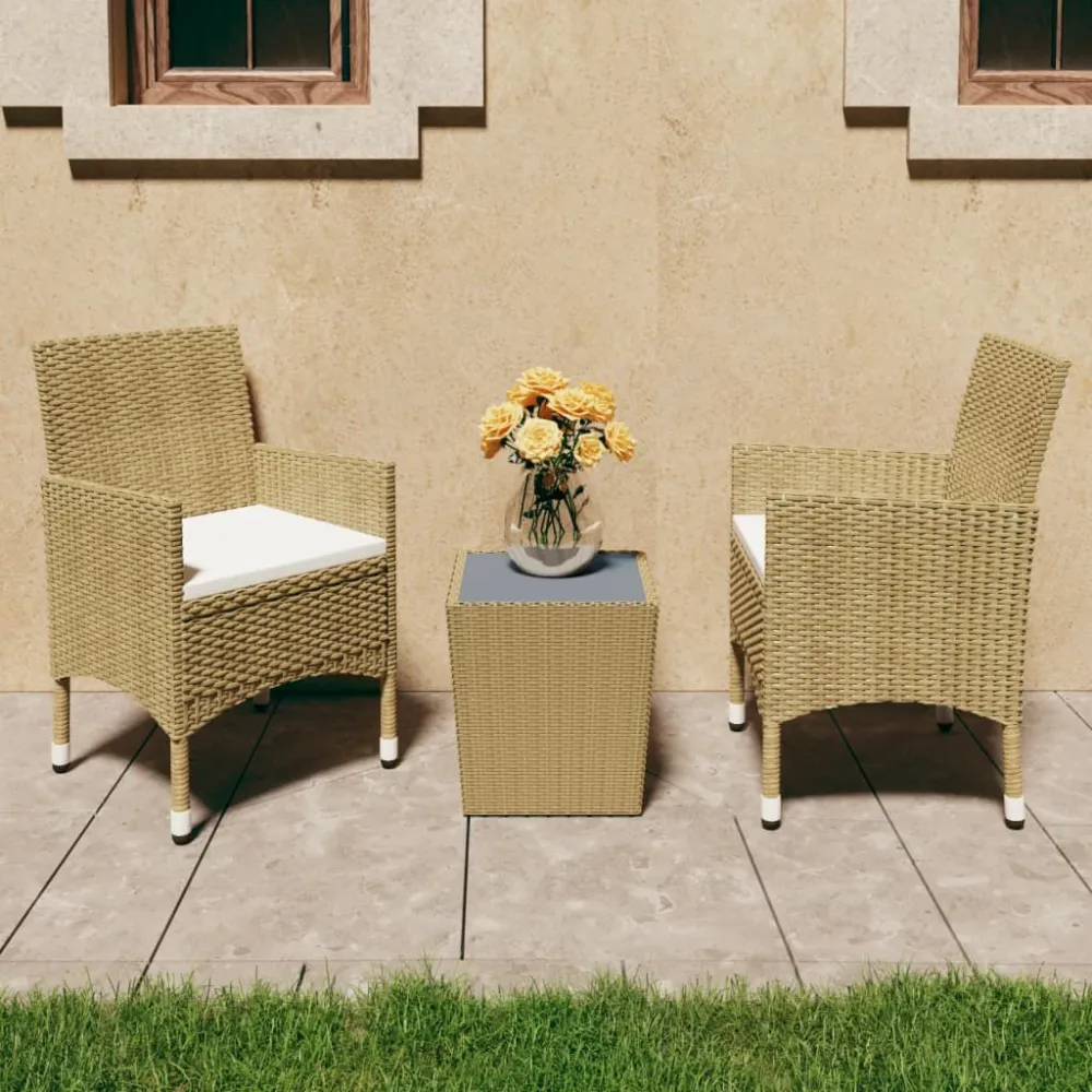Set Bistrot da Giardino 3 pz Polyrattan e Vetro Temperato Nocciola con Ombrellone e Base