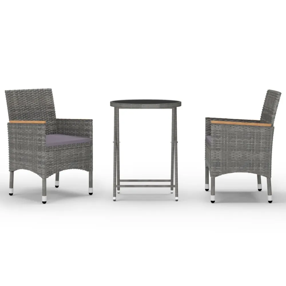 Set Bistrot Giardino 3 pz Polyrattan e Vetro Temperato Grigio per Soggiorno Esterno