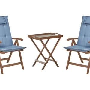 Set bistrot legno di acacia cupo con cuscini blu AMANTEA