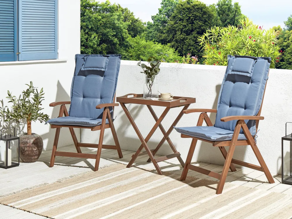 Set bistrot legno di acacia cupo con cuscini blu AMANTEA